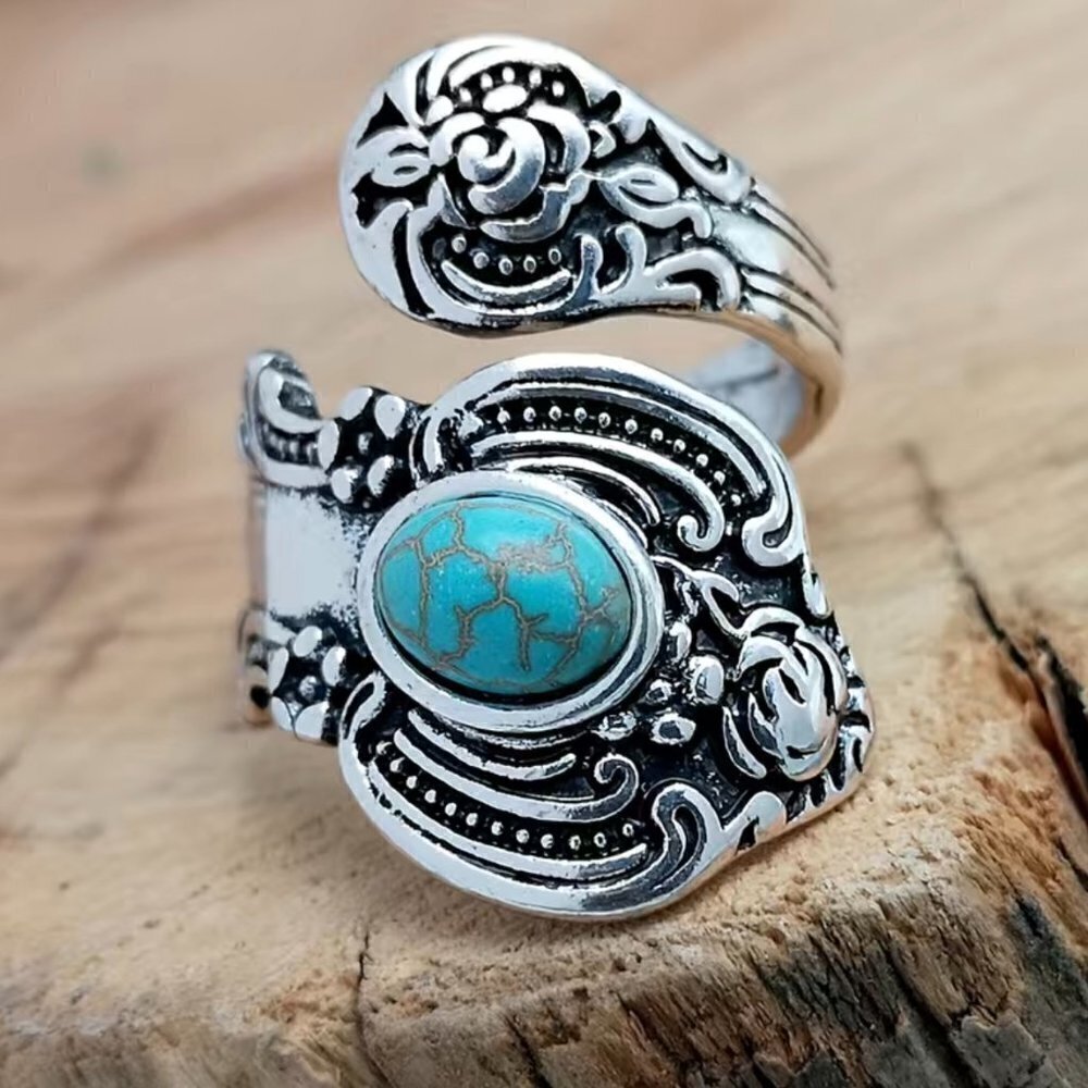 Boho Faux Turquoise Floral Adjustable Spoon Ring #1214 - Picture 4 of 8